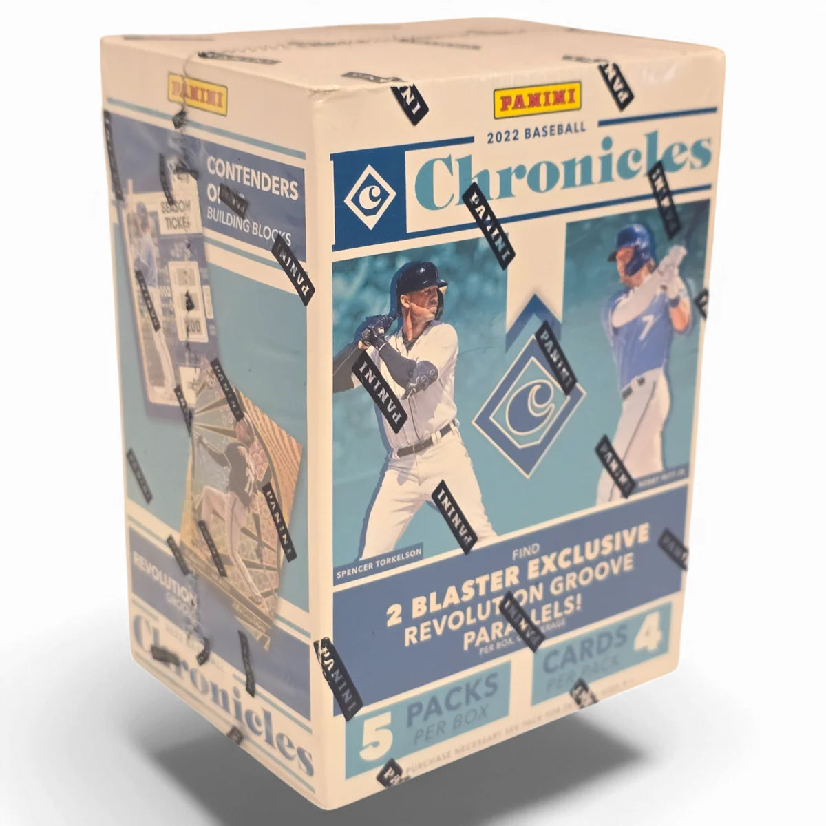A sealed blaster box of 2022 Panini Chronicles Baseball cards featuring images of players and the Panini logo.