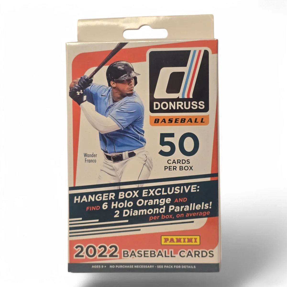 A sealed hanger box of 2022 Panini Donruss Baseball cards featuring an image of a baseball player on the front.