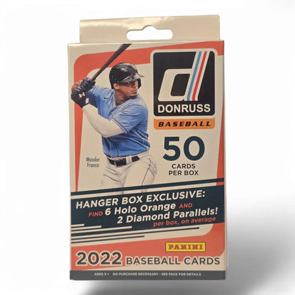 A sealed hanger box of 2022 Panini Donruss Baseball cards featuring an image of a baseball player on the front.