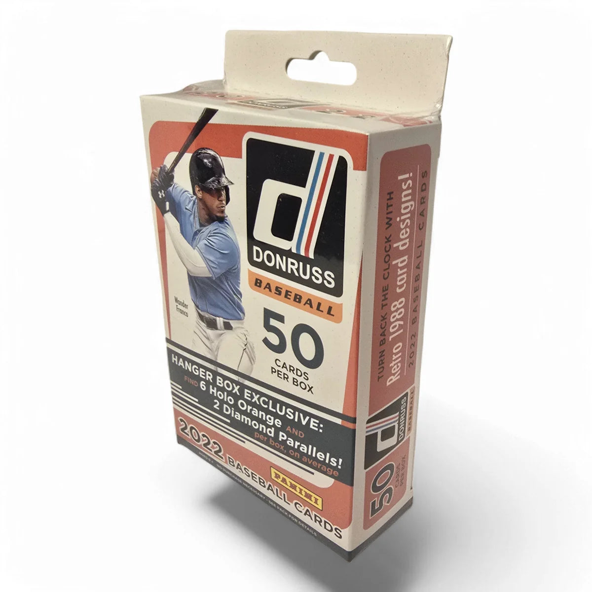 A sealed hanger box of 2022 Panini Donruss Baseball cards featuring an image of a baseball player on the front.