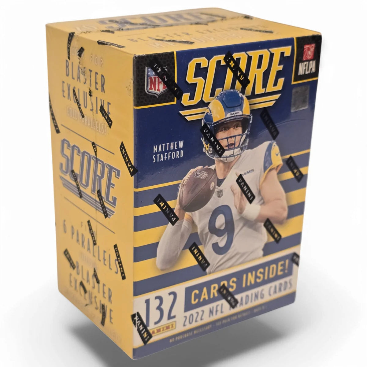 A sealed blaster box of 2022 Panini Score Football cards featuring an image of an NFL player on the packaging.