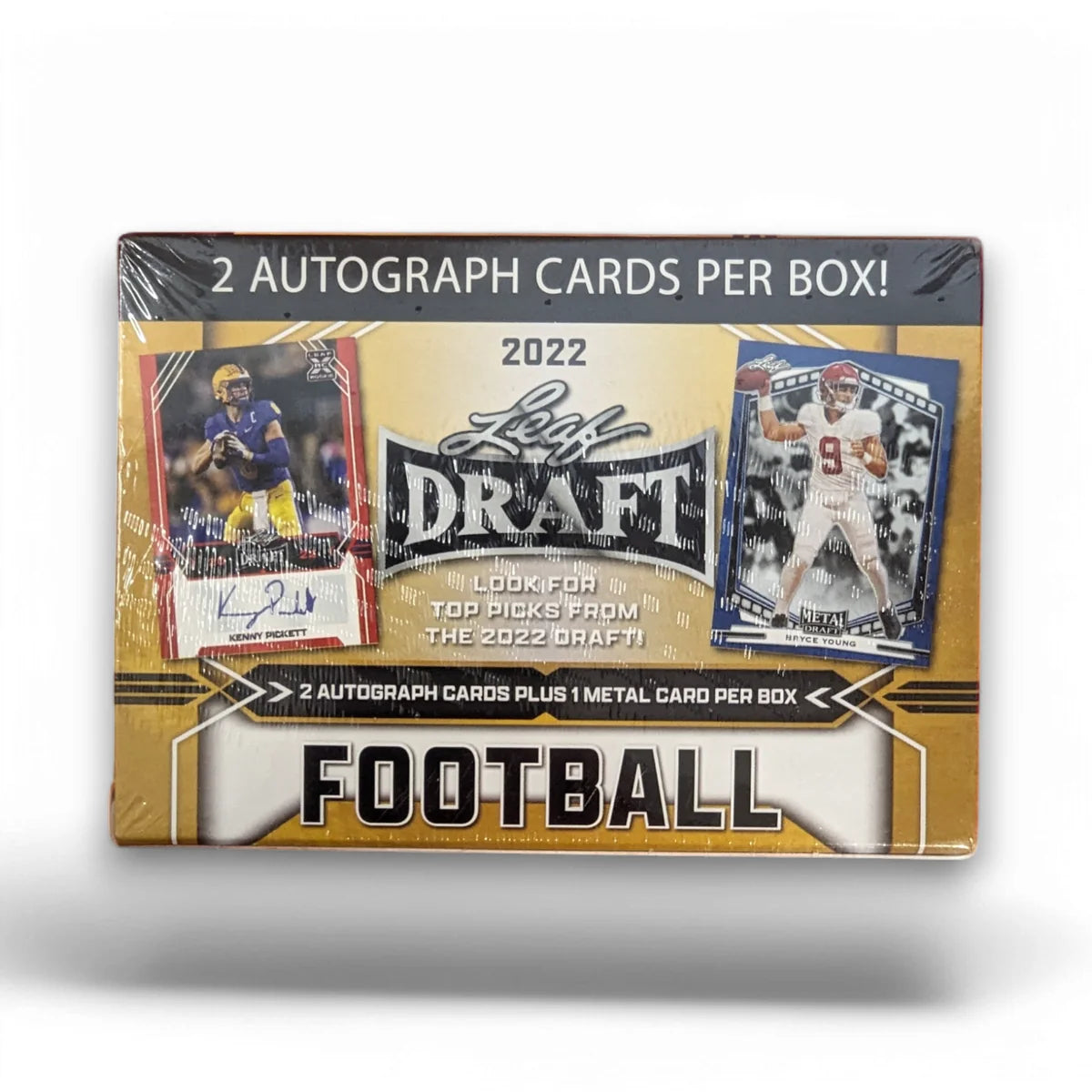 Packaging of 2022 Leaf Draft Picks Football Blaster Box containing 2 autograph cards and 1 metal card per box, with images of players and their names on the cards.