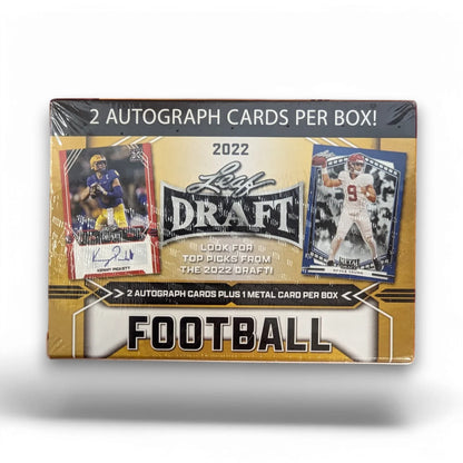 Packaging of 2022 Leaf Draft Picks Football Blaster Box containing 2 autograph cards and 1 metal card per box, with images of players and their names on the cards.