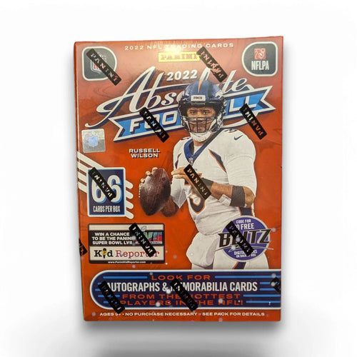 A 2022 Panini Absolute Football Blaster Box featuring an image of an NFL player on the front.