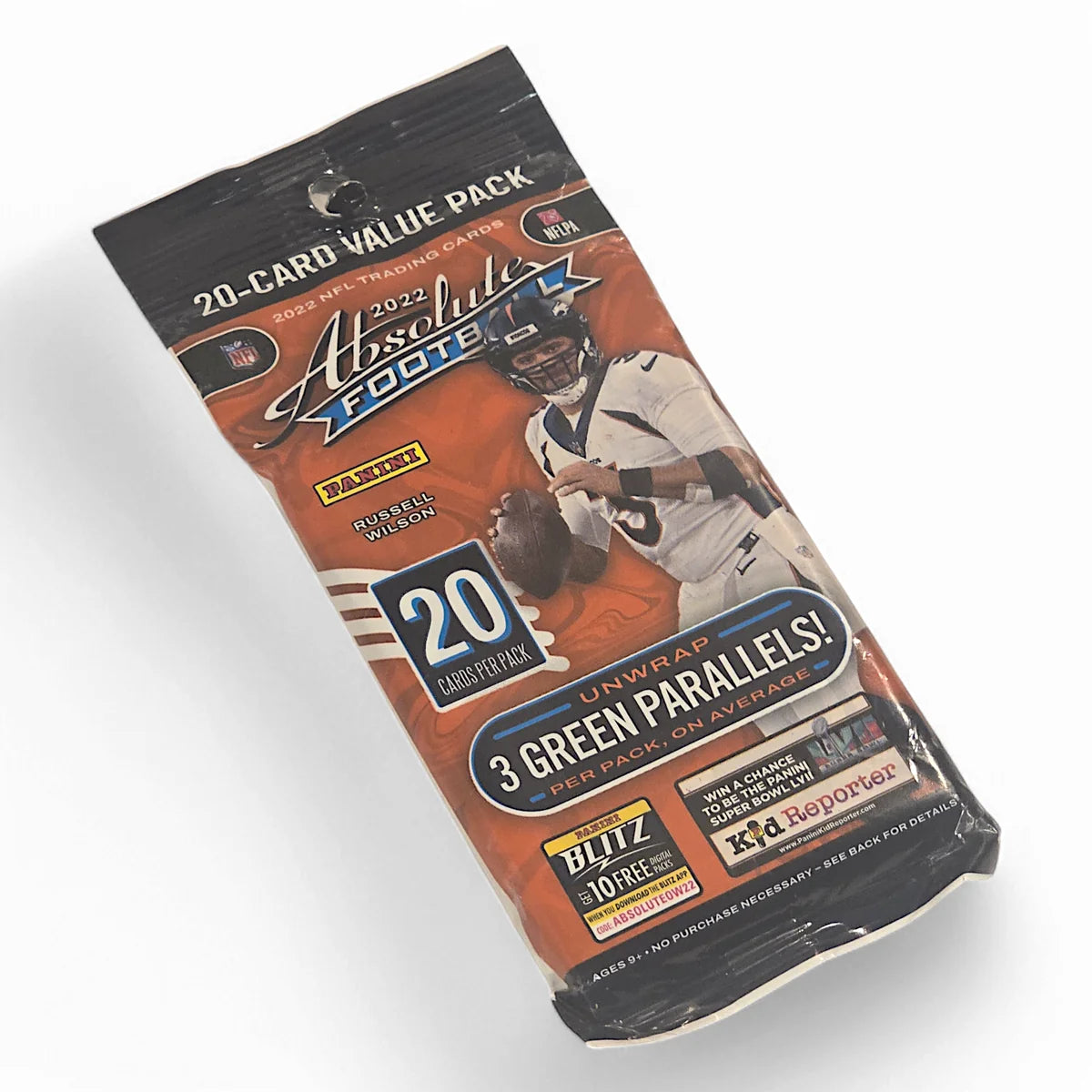 A sealed value pack of 2022 Panini Absolute Football trading cards featuring images of NFL players and a green parallel label.