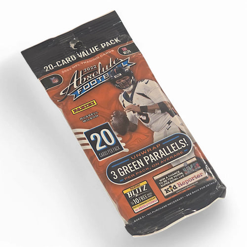 A sealed value pack of 2022 Panini Absolute Football trading cards featuring images of NFL players and a green parallel label.