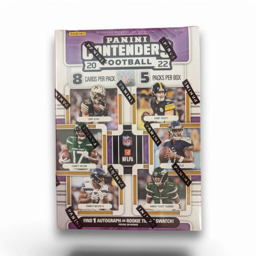A sealed blaster box of 2022 Panini Contenders Football cards, featuring images of football players and autographs.