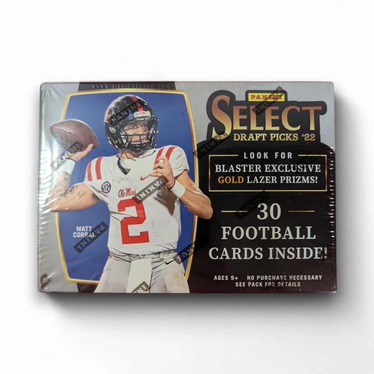 A sealed blaster box of 2022 Panini Select Draft Picks Football cards featuring an image of a football player on the front.