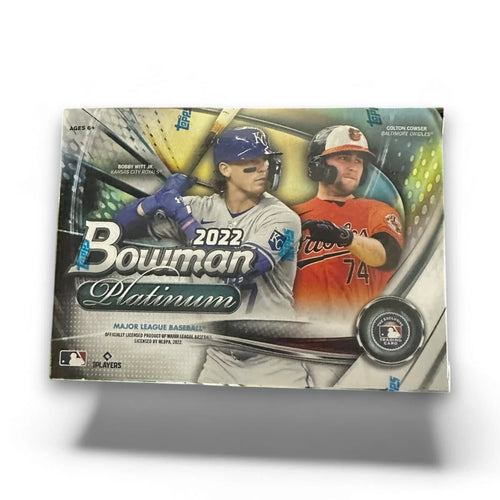 Packaging of 2022 Topps Bowman Platinum Baseball Blaster Box featuring images of two baseball players and the product name.