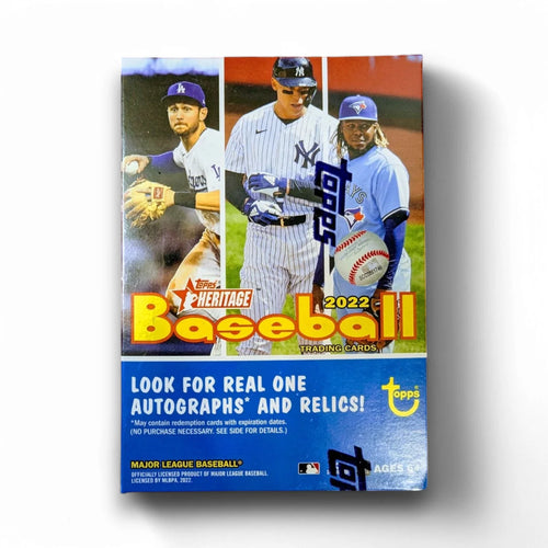 2022 Topps Heritage Baseball Blaster Box packaging featuring images of baseball players and the text related to the product contents and the Topps brand.