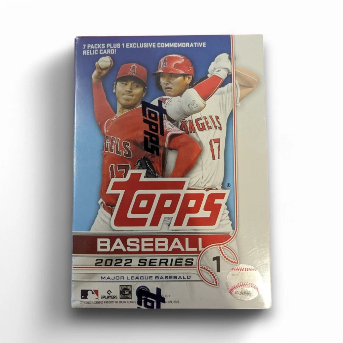 A sealed blaster box of 2022 Topps Series One Baseball cards featuring images of two baseball players on the packaging.