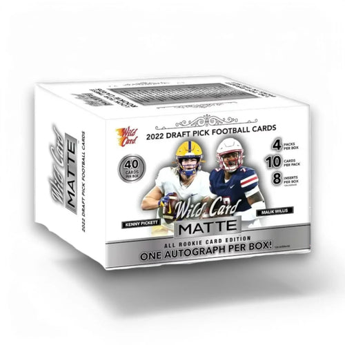 A sealed original retail packaging of 2022 Wild Card Matte Football trading cards with an image of two football players on the box.