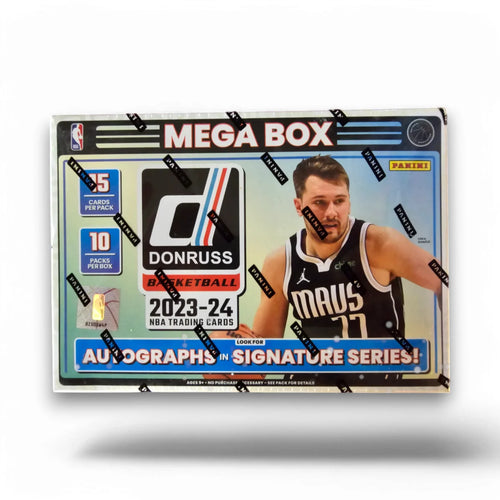 Sealed original packaging of 2023-24 Panini Donruss Basketball Cards - Mega Box featuring an image of a basketball player on the front.