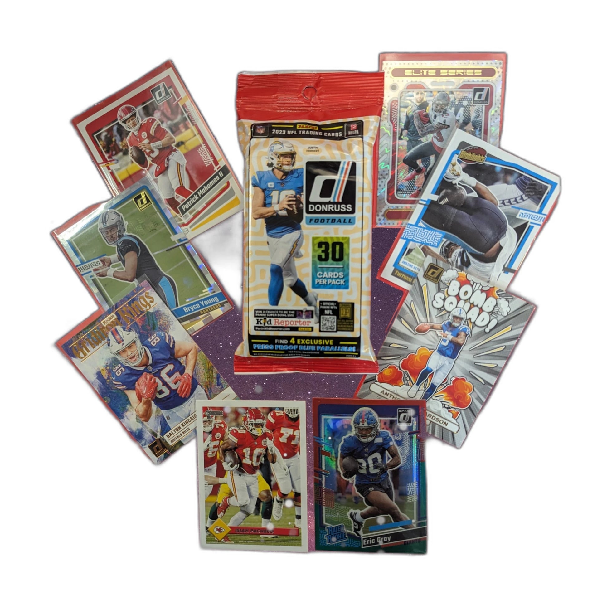 Collection of sports trading cards with a prominent Donruss football card on a white background