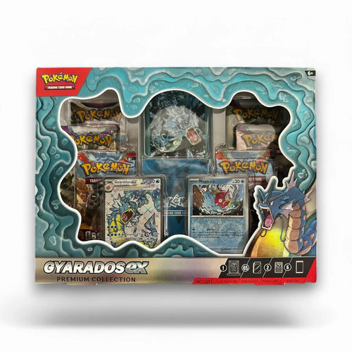A box of the 2023 Pokémon TCG Gyarados EX Premium Collection, featuring Gyarados-themed cards and a jumbo collector's card.