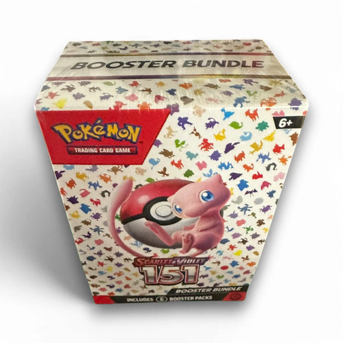 A box of Pokémon TCG 151 Scarlet & Violet Booster Bundle containing six booster packs with colorful Pokémon illustrations.