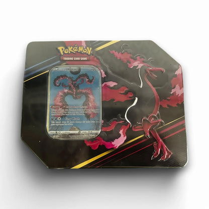 A Pokémon TCG Crown Zenith tin featuring Galarian Moltres artwork, including a promotional card visible in the center.