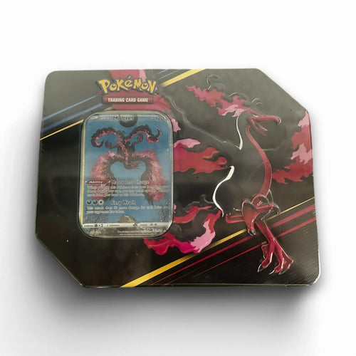 A Pokémon TCG Crown Zenith tin featuring Galarian Moltres artwork, including a promotional card visible in the center.