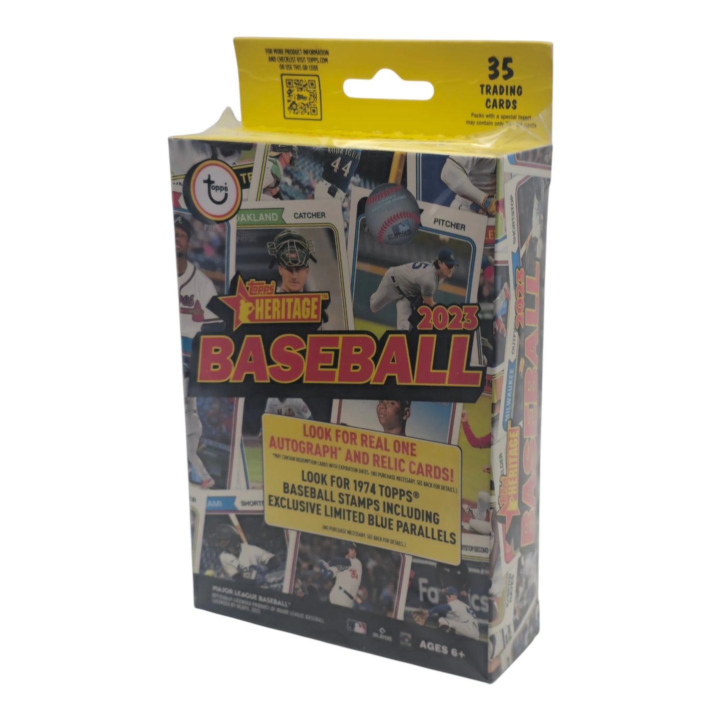 Topps 2023 Baseball trading card pack with colorful design and text on a white background
