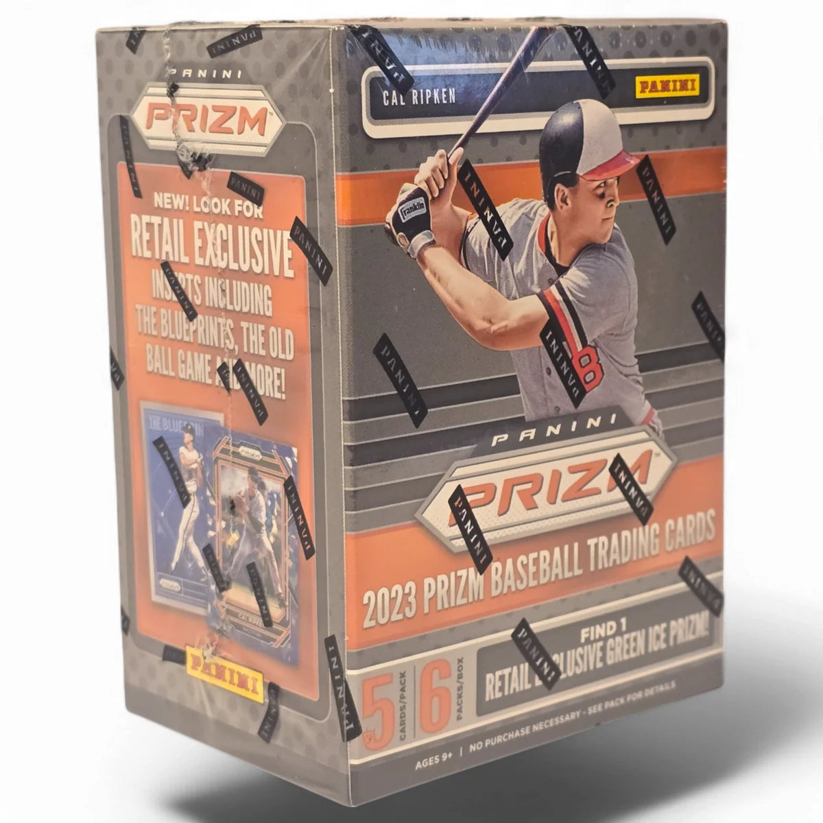 A sealed retail blaster box of 2023 Panini Prizm Baseball cards featuring images of baseball players and the box's title.