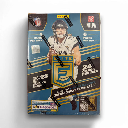 A sealed retail packaging of 2023 Panini Donruss Elite Football Blaster Box featuring an image of an NFL player and the product details.