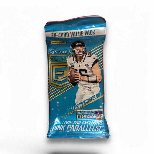 A sealed value pack of 2023 Panini Donruss Elite Football cards featuring an image of an NFL player on the front.