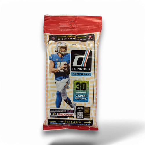 Sealed original retail packaging of 2023 Panini Donruss Football Value Pack with 30 cards per pack displayed.