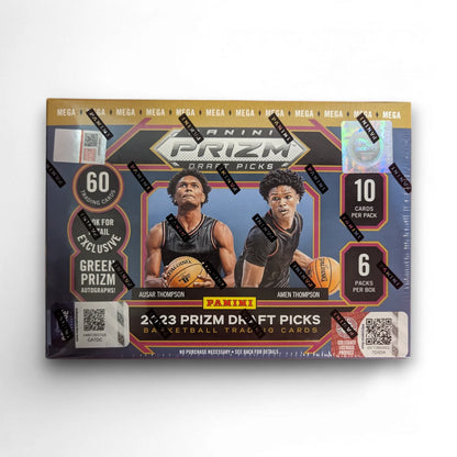 Packaging for 2023 Panini Prizm Draft Picks Basketball Mega Box featuring images of two basketball players and the box's contents including trading cards and inserts.
