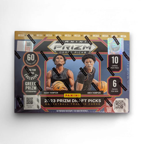 Packaging for 2023 Panini Prizm Draft Picks Basketball Mega Box featuring images of two basketball players and the box's contents including trading cards and inserts.