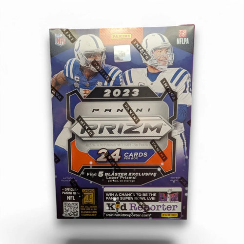 Packaging of 2023 Panini Prizm Football Blaster Box featuring images of football players and product details.
