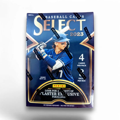 A sealed retail packaging of 2023 Panini Select Baseball cards featuring an image of a baseball player and the text 'Baseball Cards Select 2023'.