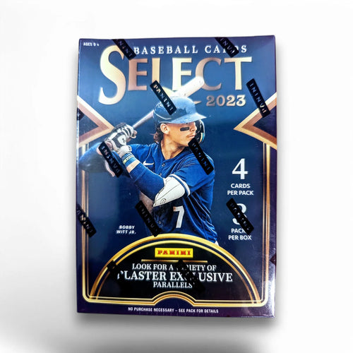 A sealed retail packaging of 2023 Panini Select Baseball cards featuring an image of a baseball player and the text 'Baseball Cards Select 2023'.