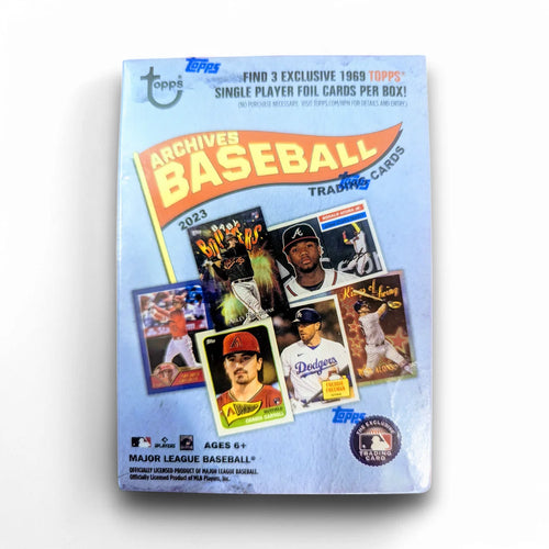 Packaging for 2023 Topps Archives Baseball Cards featuring images of various baseball players and the Topps logo.