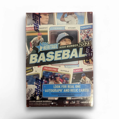 Front of the 2023 Topps Heritage High Number Baseball Blaster Box packaging featuring various baseball players and the text 'HERITAGE HIGH NUMBER BASEBALL' prominently displayed.