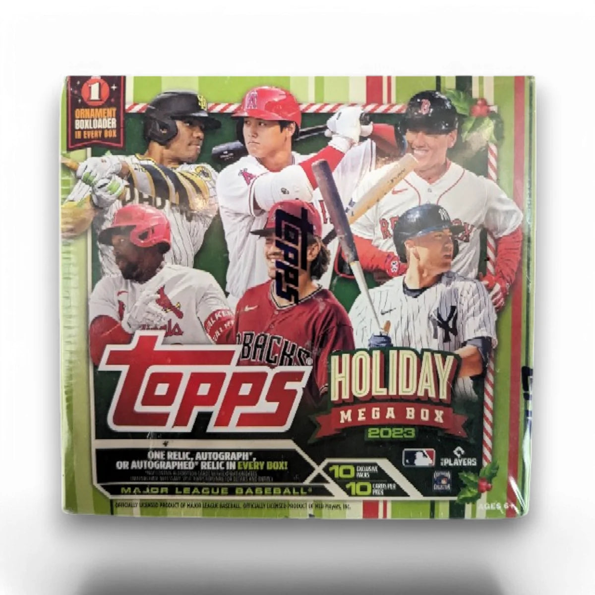 2023 Topps Holiday Baseball Mega Box packaging featuring images of baseball players and holiday-themed elements like Santa hats.
