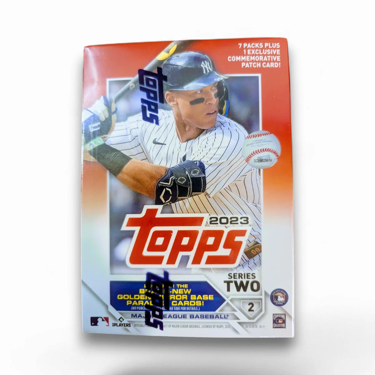 Packaging of 2023 Topps Series Two Baseball Blaster Box with a image of a baseball player and the Topps logo.