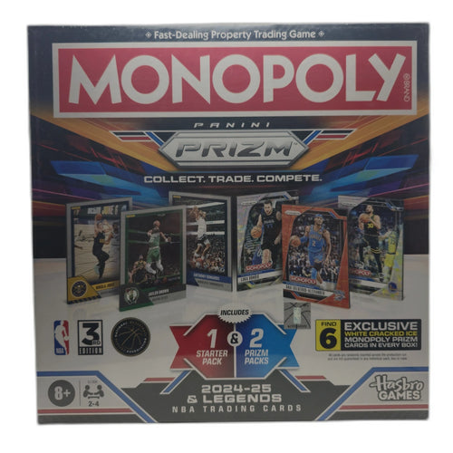 Monopoly Panini Prizm trading card game packaging with images of trading cards and branding elements.