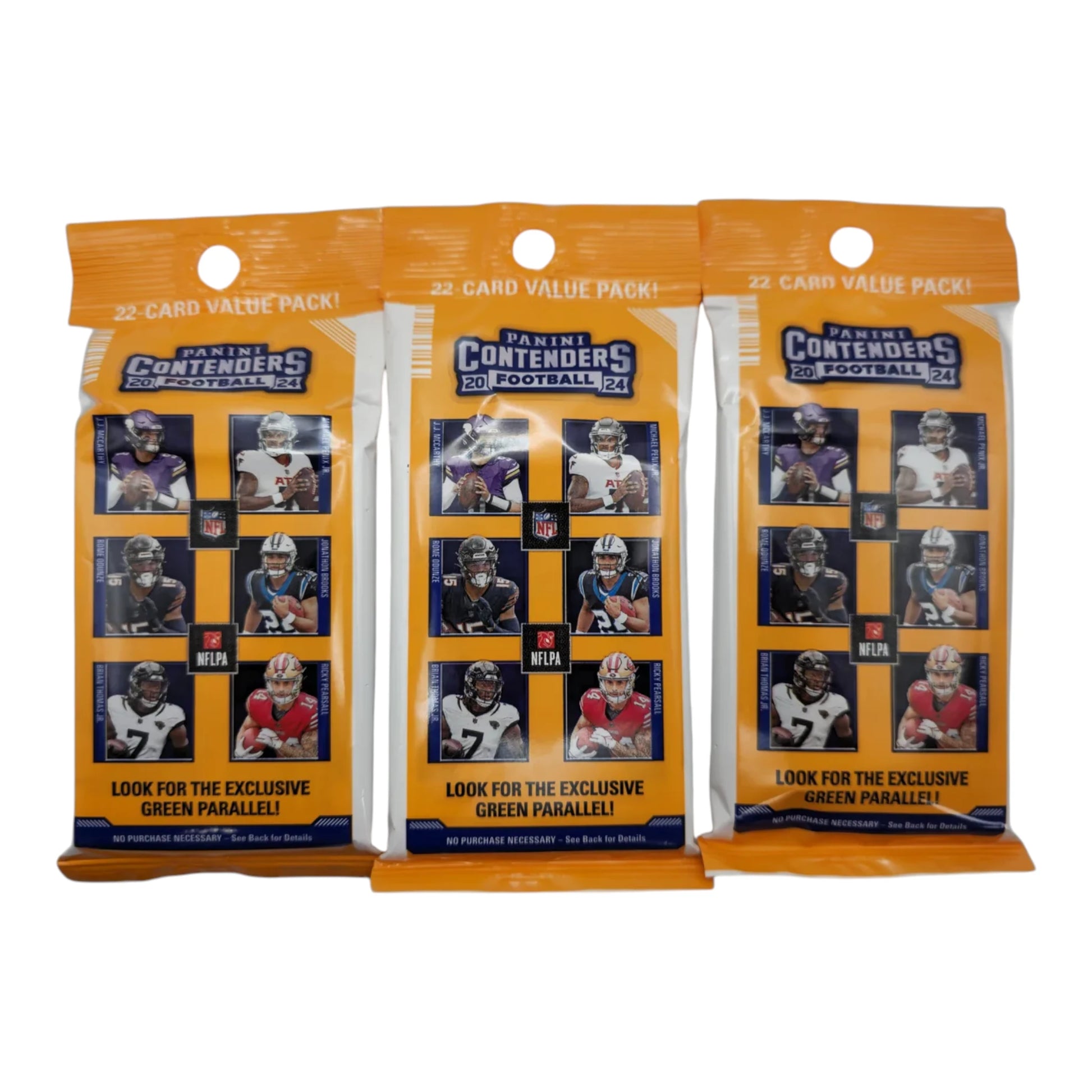 Three Panini Contenders football trading card packs on a white background