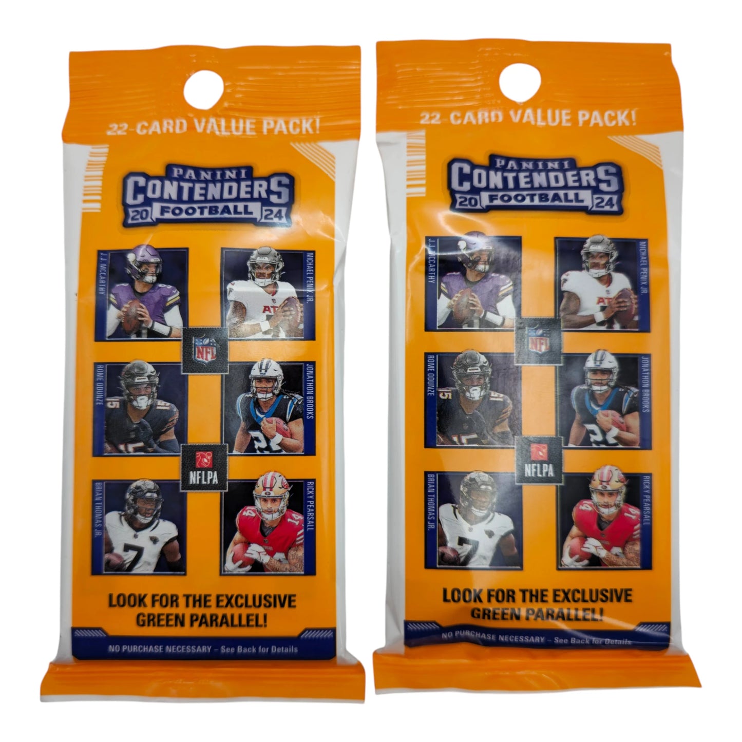 Two Panini Contenders 2024 football trading card packs on a white background