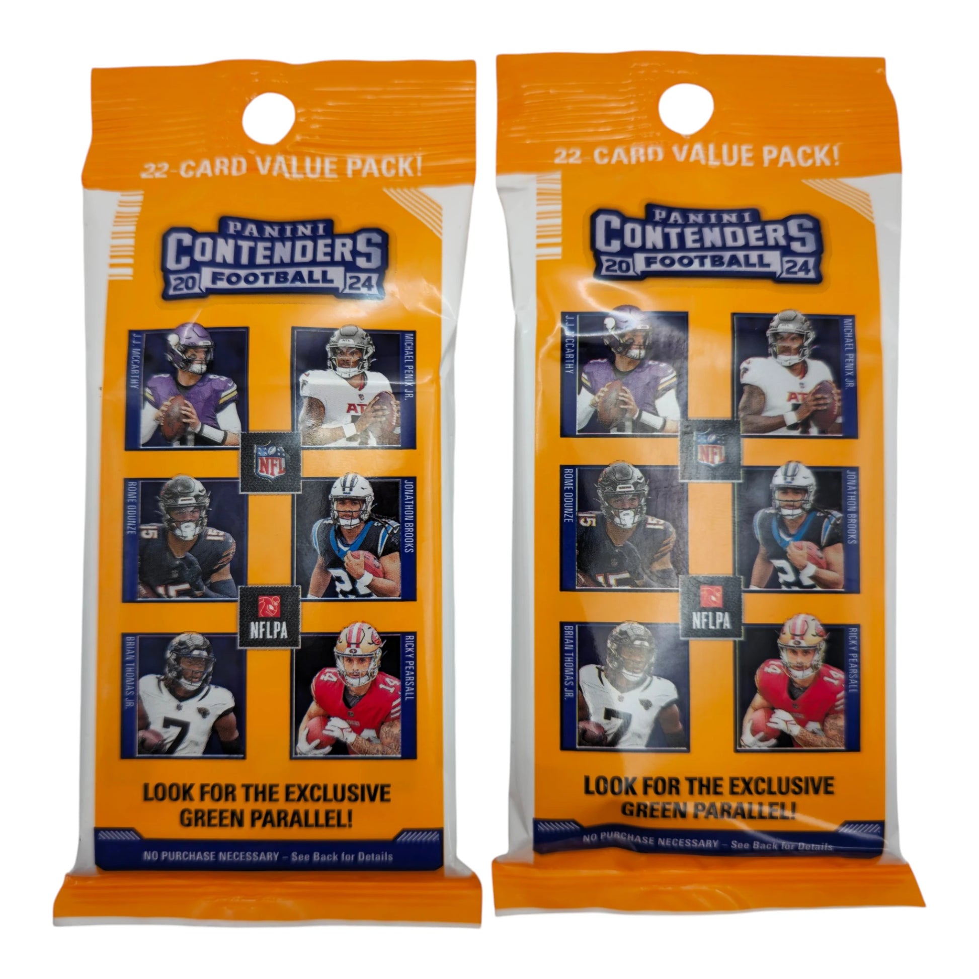 Two Panini Contenders 2024 football trading card packs on a white background