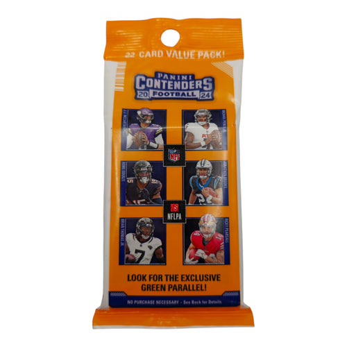 Panini Contenders 2024 Football trading card pack with player images on an orange and white background.