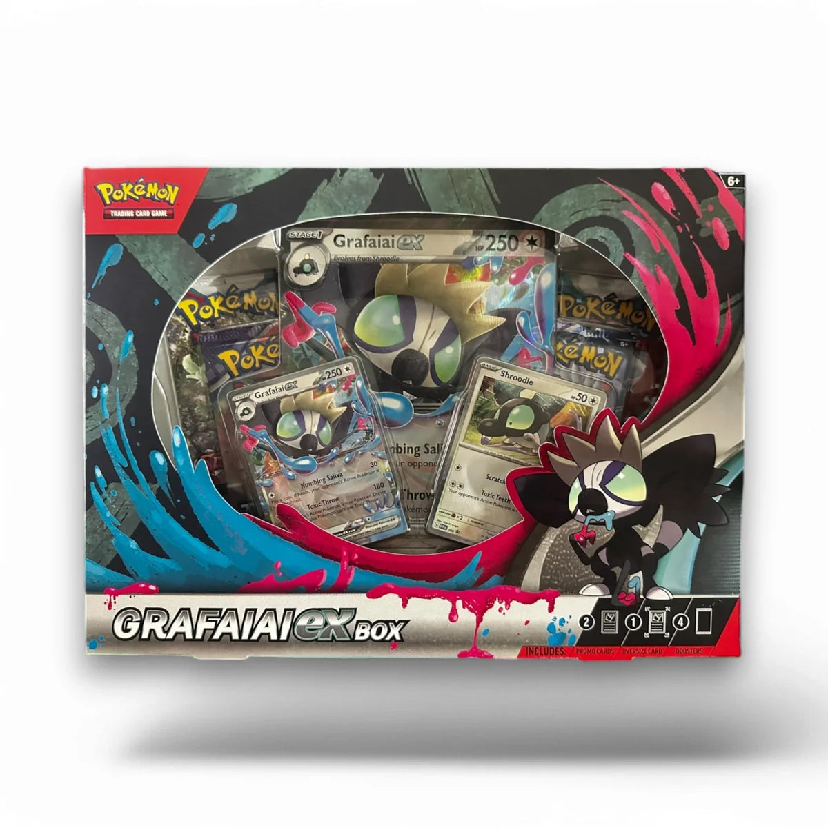 Packaging of the Pokemon Trading Card Game Grafaiai Ex Box featuring illustrations of the character Grafaiai and various Pokémon cards.