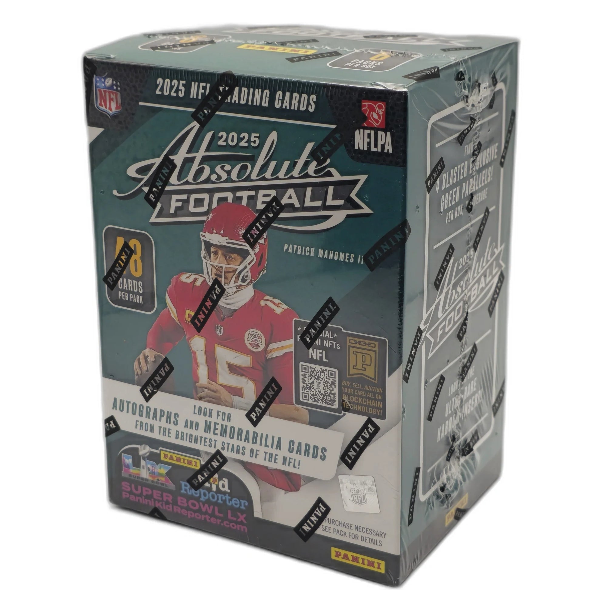 2025 Absolute Football trading card box with player image and branding on a white background