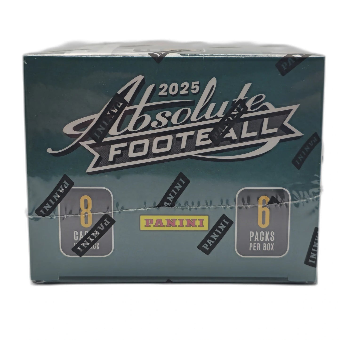Box of 2025 Absolute Football trading cards with Panini branding on a white background