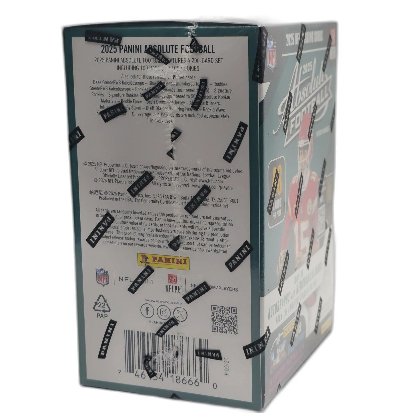 Back view of a Panini Absolute Football trading card box with branding and product details.