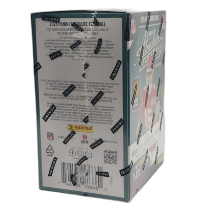 Back view of a Panini Absolute Football trading card box with branding and product details.