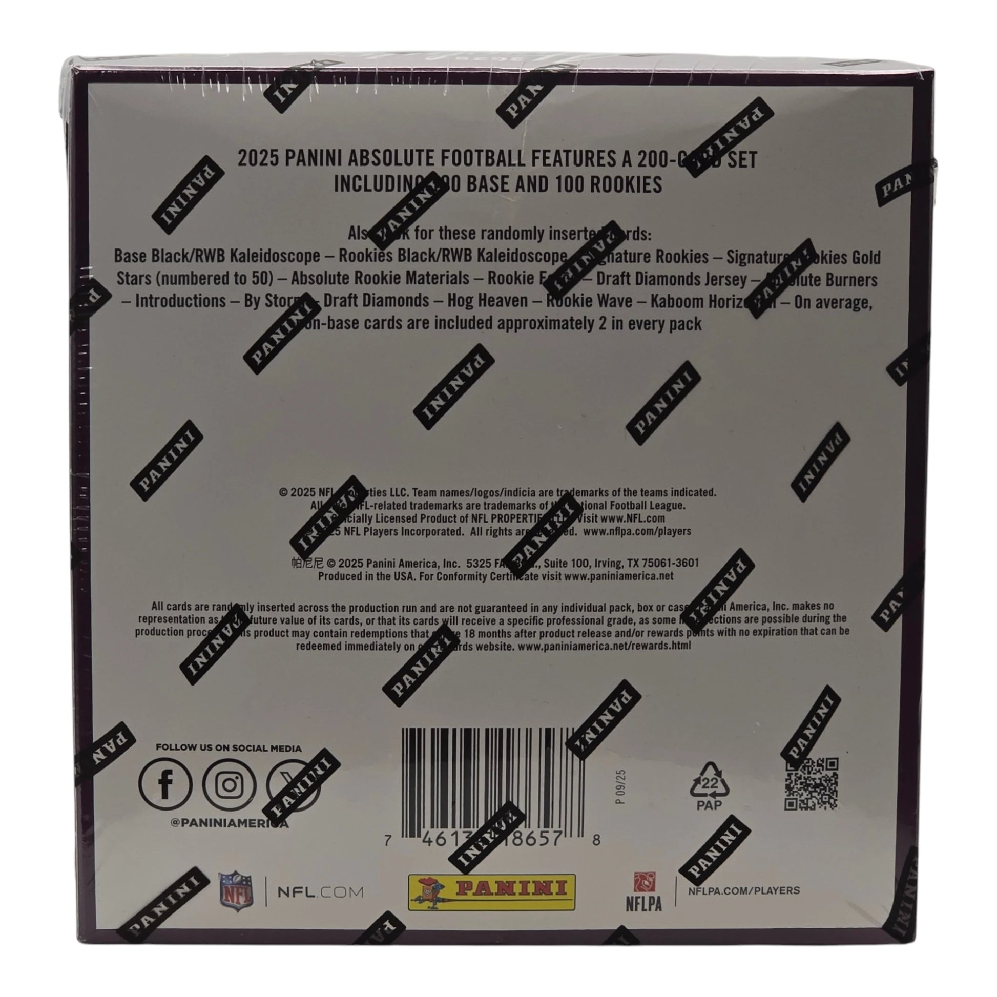2025 Panini Absolute Football Mega Box — back panel, 200-card set with 100 base and 100 rookies