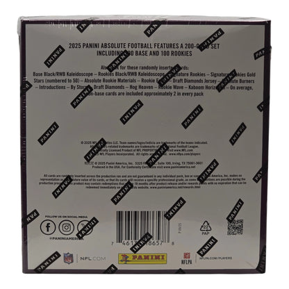 2025 Panini Absolute Football Mega Box — back panel, 200-card set with 100 base and 100 rookies