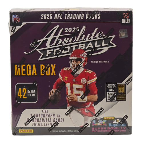 2025 Panini Absolute Football Mega Box — sealed box front, Patrick Mahomes, 42 cards with 1 auto or memorabilia