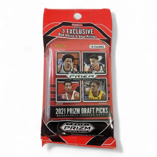 Sealed retail packaging of 2021 Panini Prizm Basketball Draft Picks with images of three basketball players on the front.